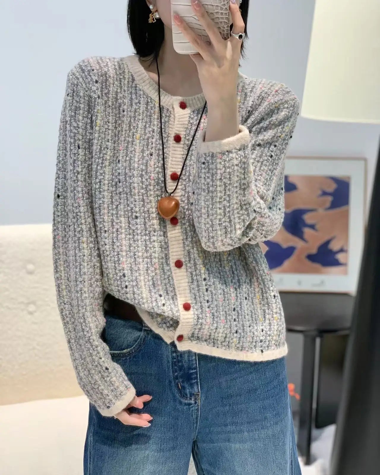 Merino Wool Blend O-Neck Colour Stripe Open Cardigan Sweater