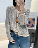 Merino Wool Blend O-Neck Colour Stripe Open Cardigan Sweater