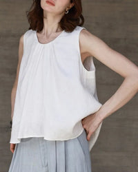 Linen Sleeveless Round Neck Loose Shirt