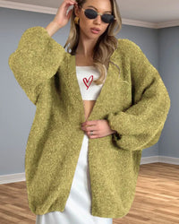 Solid V-Neck Lantern Sleeve Loose Knit Cardigan