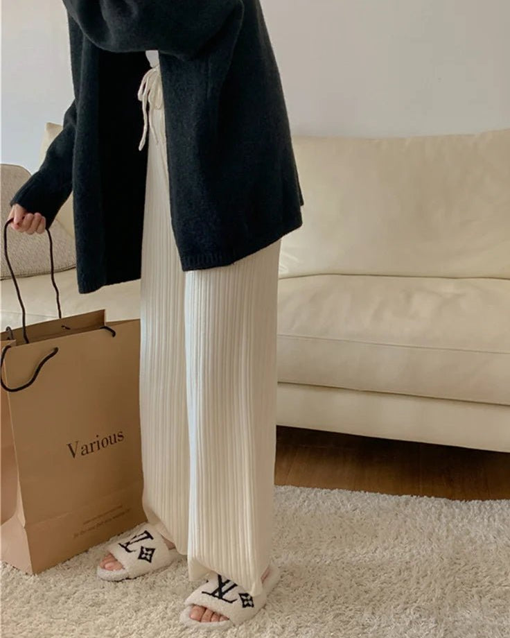 Drawstring Ribbed Knitted Wide Leg Sweatpants