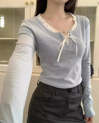 Bow Patchwork Long-Sleeve Top