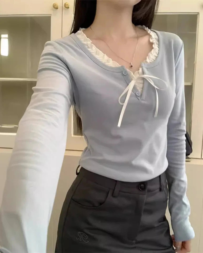 Bow Patchwork Long-Sleeve Top