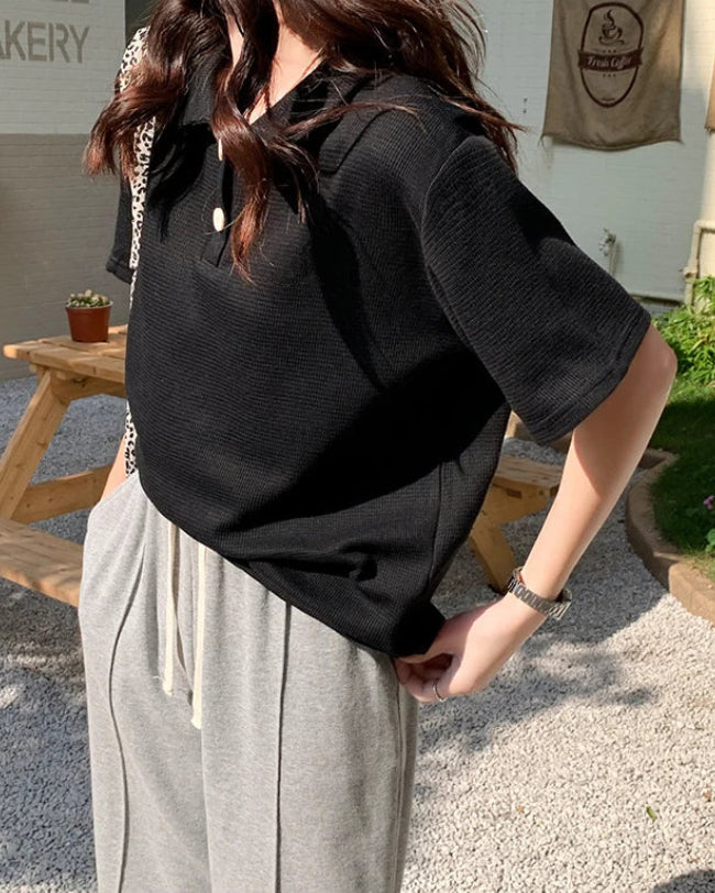Casual Loose Waffle Knit Polo Top
