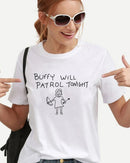 Women's  casual crew-neck printed T-shirt featuring a breathable cotton blend, a loose fit, and a Buffy Sunnydale High School graphic for fan gatherings and campus wear.
