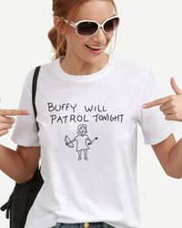 Women's  casual crew-neck printed T-shirt featuring a breathable cotton blend, a loose fit, and a Buffy Sunnydale High School graphic for fan gatherings and campus wear.