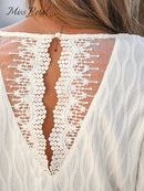 Lace Back Trumpet Sleeve V-Neck Blouse
