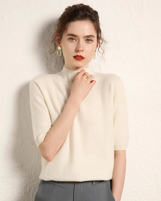 Cashmere Half-Sleeve Mock-Neck Sweater