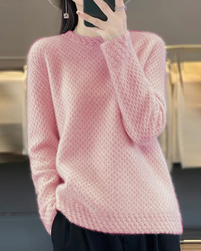 100% merino wool 3D floral collar solid knit pullover. Warm, soft, heavyweight, and seamless — a casual autumn winter knitwear top for women.