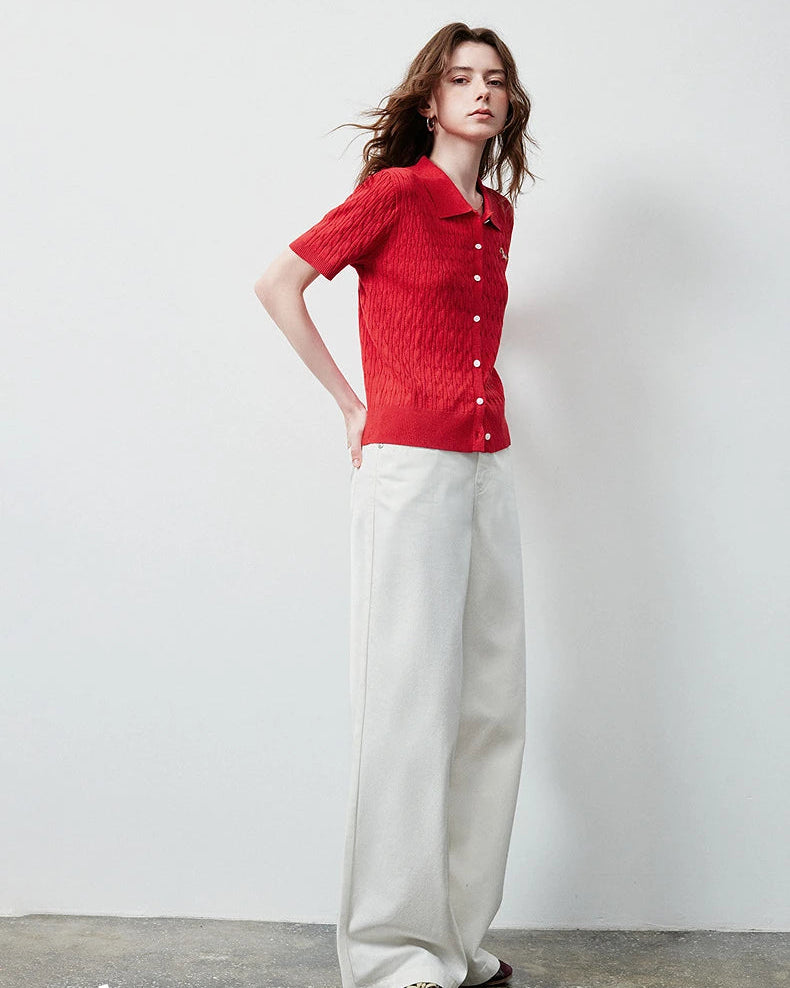 Ice Silk Cable Knit Polo Top