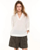 Retro Cotton Linen V-Neck Long-Sleeved Collared Shirt