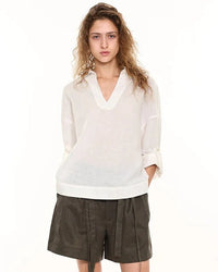 Retro Cotton Linen V-Neck Long-Sleeved Collared Shirt