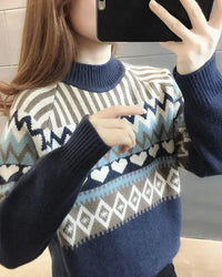 Ethnic Jacquard Mock Neck Loose Thick Knit Pullover