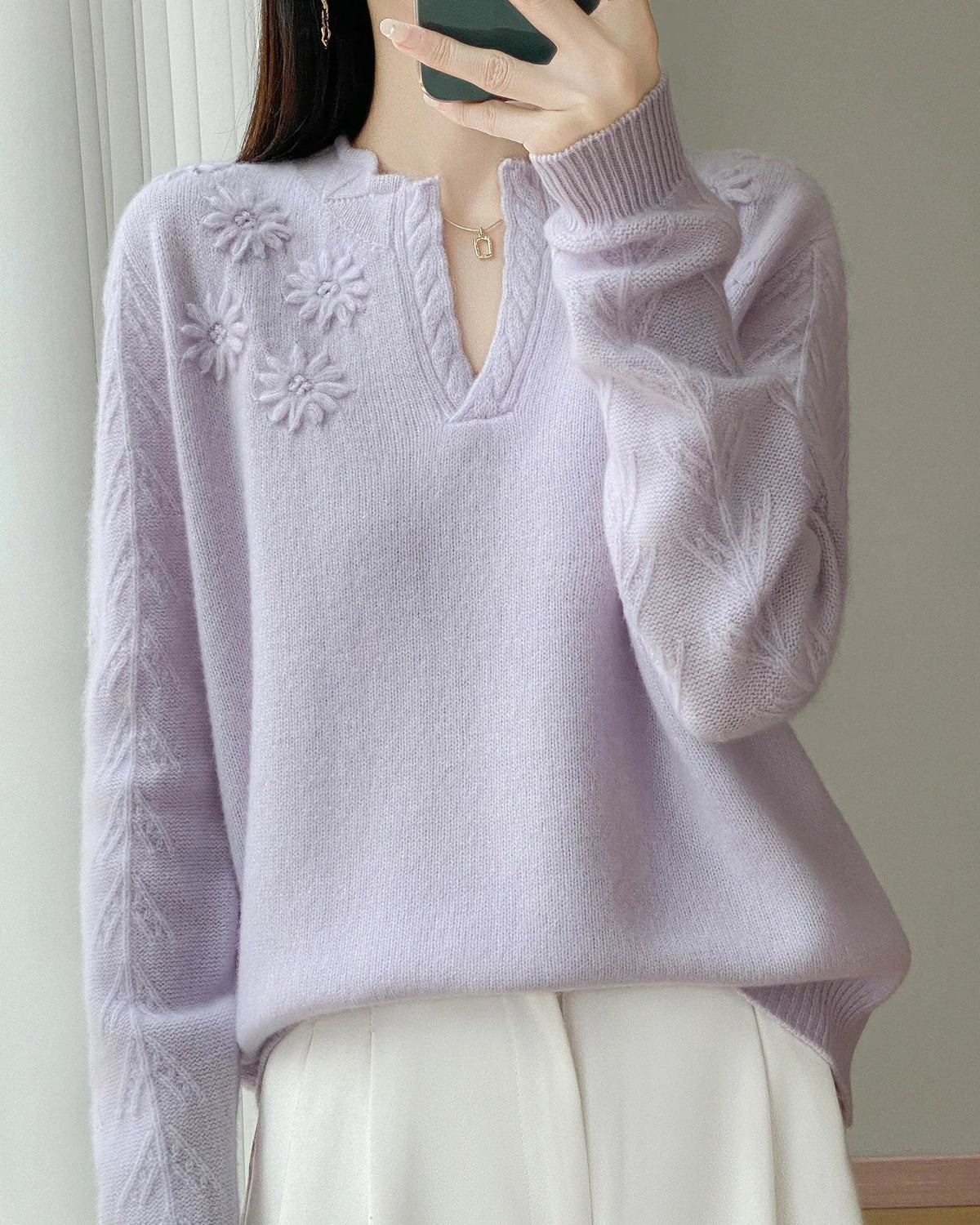 Floral-Embroidered Wool Sweater
