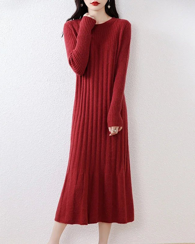 Round-Neck Long Sleeves Wool Dress