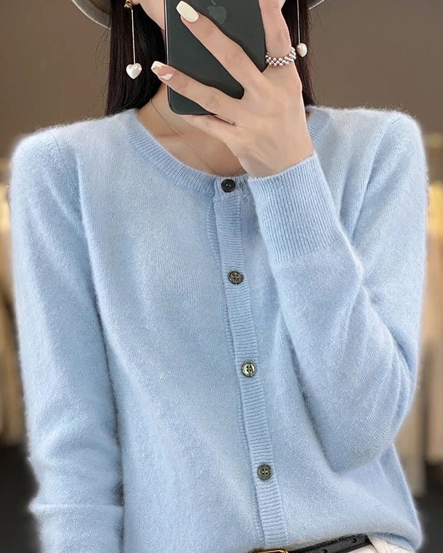 Mink Cashmere Crew Neck Cardigan Sweater