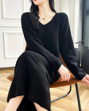 Wool V-Neck Long Sweater Dress