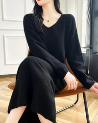 Wool V-Neck Long Sweater Dress