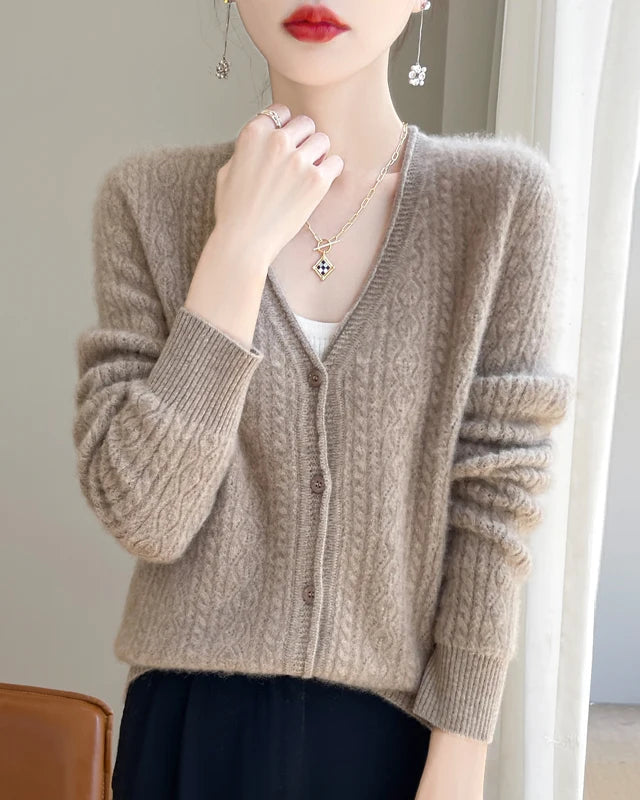 Wool V-Neck Curled Twisted Hollow-Out Open Cardigan