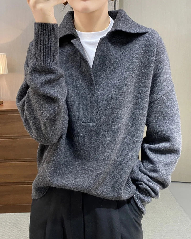 A polo neck sweater in extrafine merino wool with an extra-heavy knit and tidy collar, designed for soft, warm layering in autumn and winter.