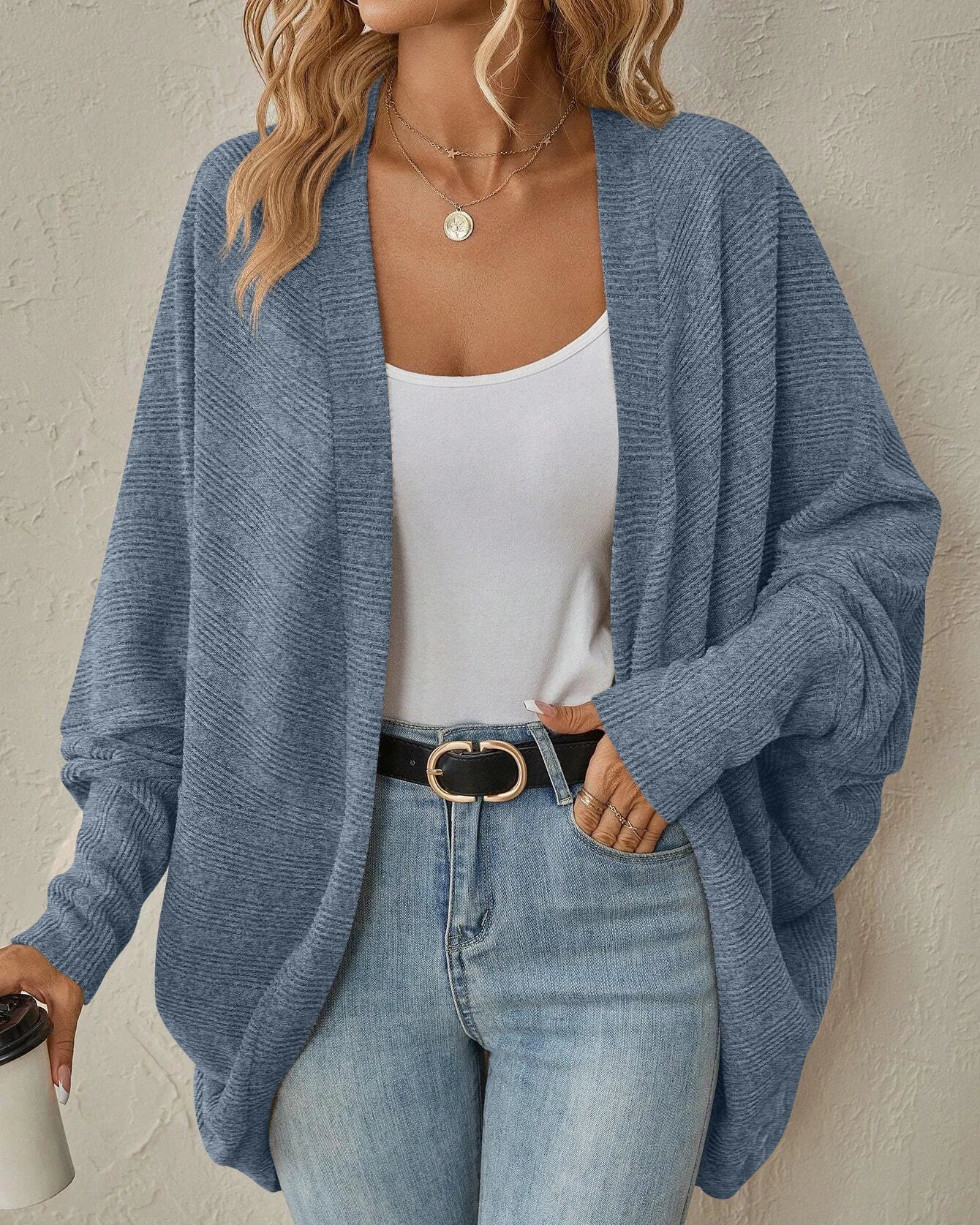 Solid Bat Sleeve Open-Front Loose Mid-Length Knit Cardigan