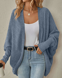 Solid Bat Sleeve Open-Front Loose Mid-Length Knit Cardigan