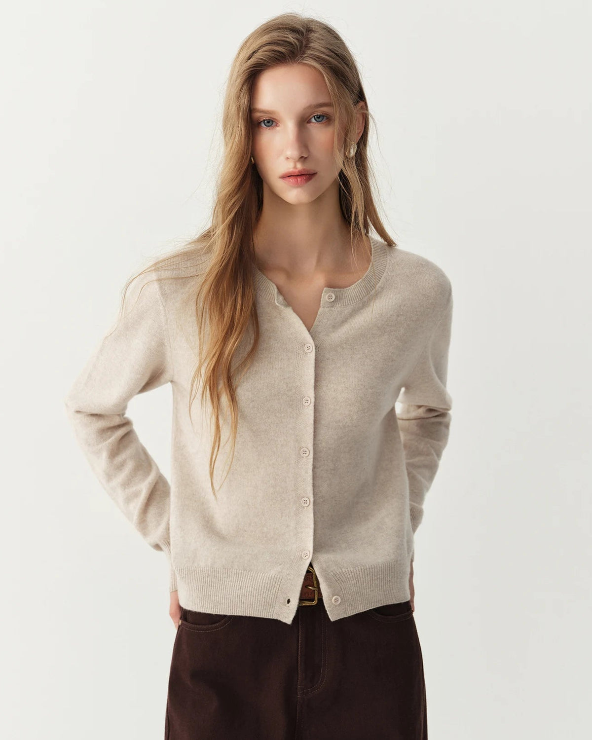 Rib-Trim Wool Crewneck Cardigan