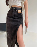 Side-Slit Denim Pencil Skirt