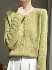 Merino Wool Hollow-Out Pearl Button Cardigan