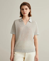 Linen Silk Polo Collar Knit Short-Sleeved Shirt
