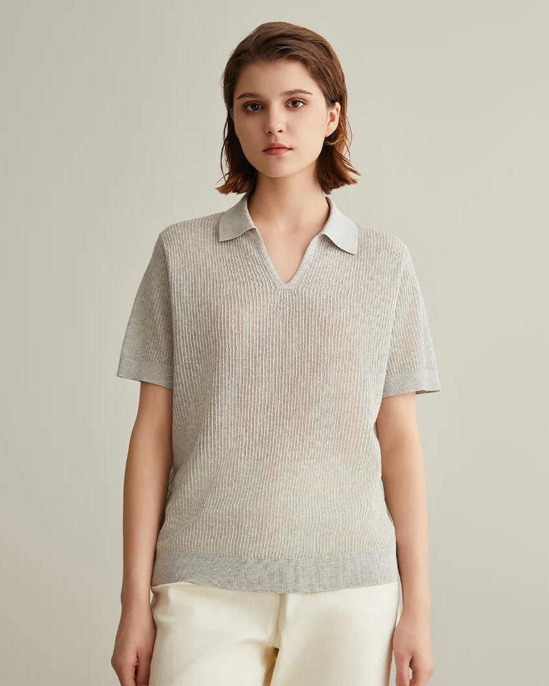Linen Silk Polo Collar Knit Short-Sleeved Shirt