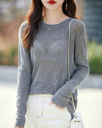 Hollow Knit Cotton Relaxed Pullover Top