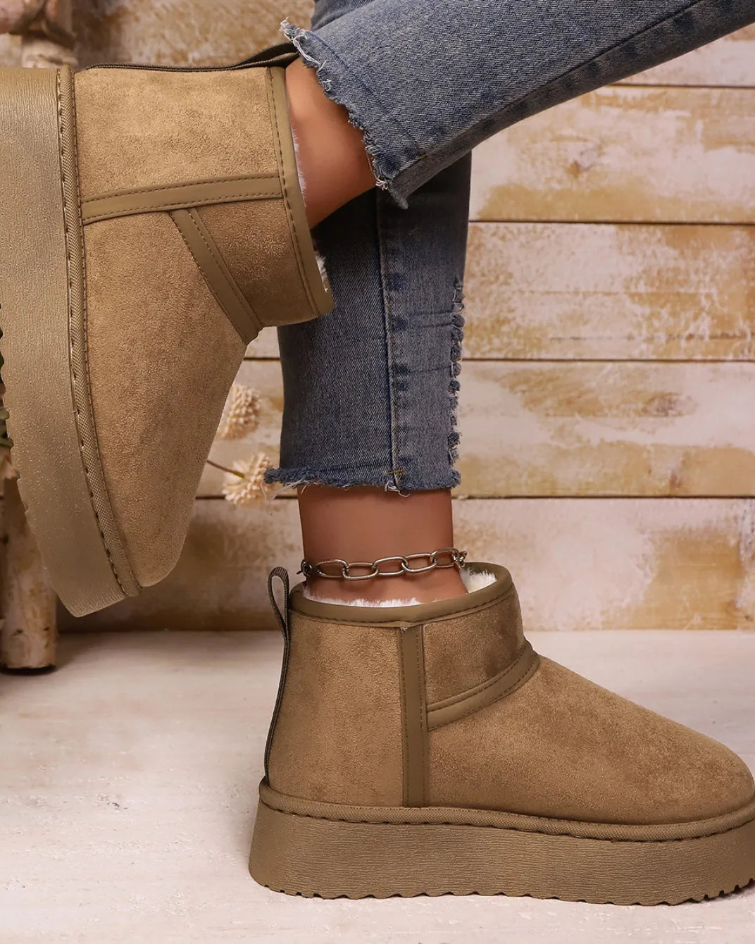 Flannel Slip-On Snow Ankle Boots