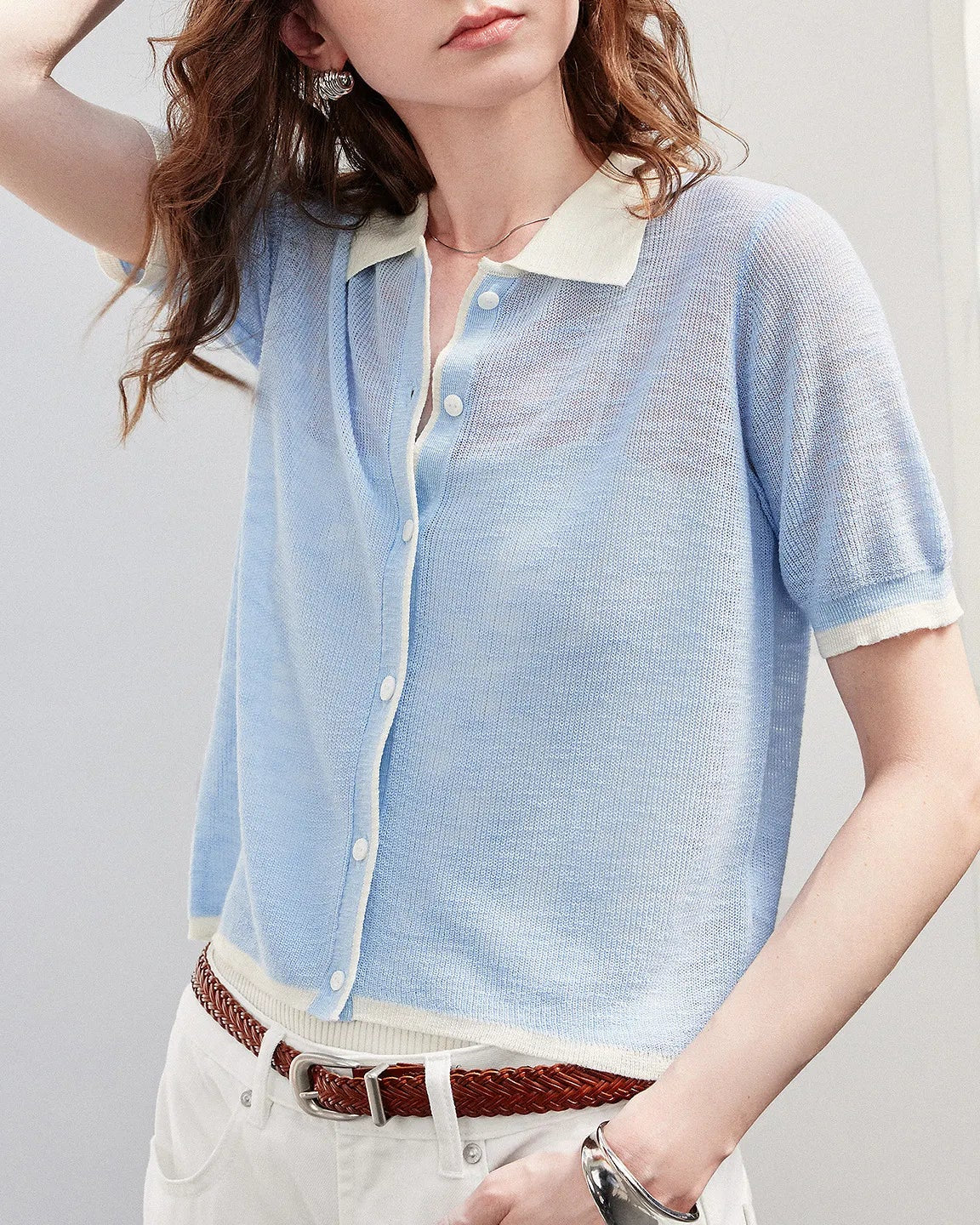 Sheer Slub Knit Polo Top