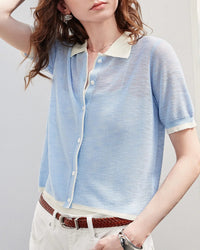 Sheer Slub Knit Polo Top
