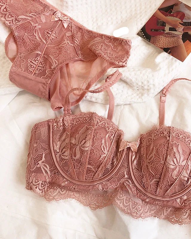 Lace Embroidery Half-Cup Thin Push-Up Bra Set