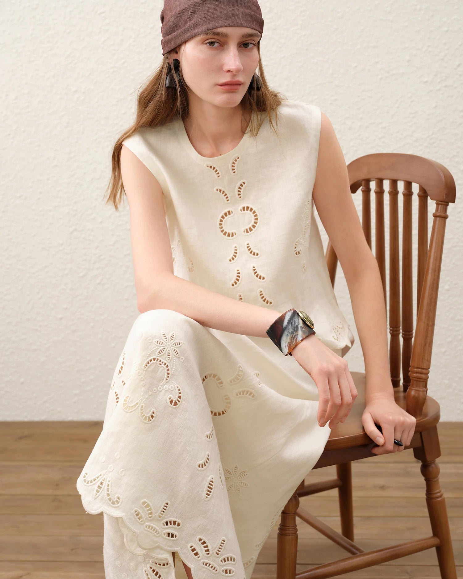Linen Cut-Out Embroidered Sleeveless Top