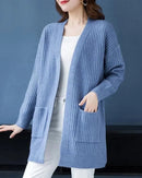 Solid V-Neck Open-Front Pocket Loose Knit Cardigan