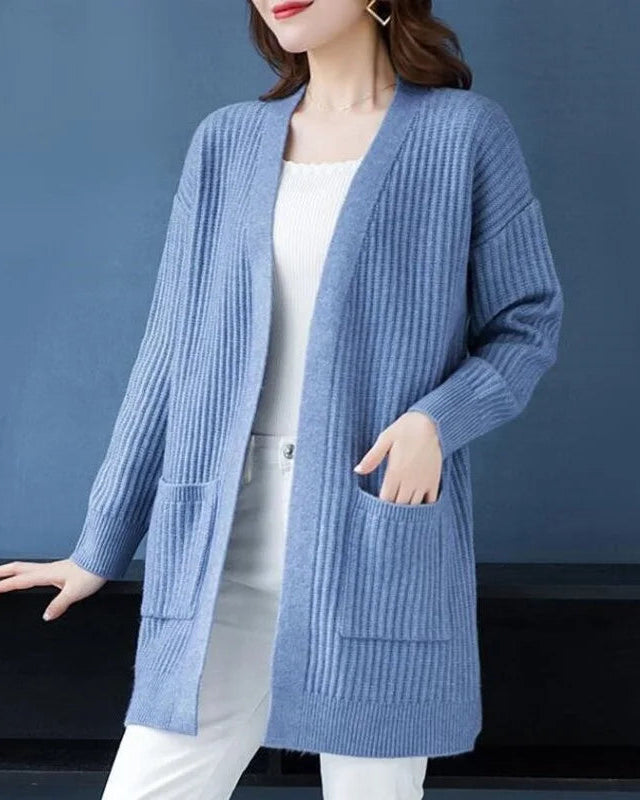 Solid V-Neck Open-Front Pocket Loose Knit Cardigan