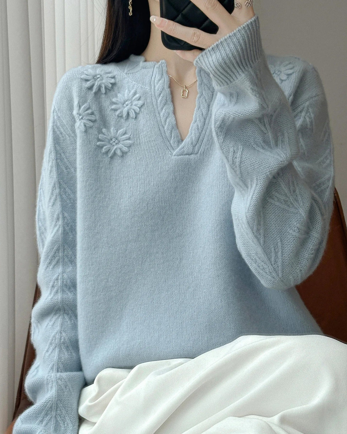Floral-Embroidered Wool Sweater
