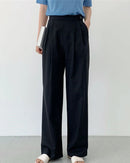 Women's high-waisted cotton-linen straight leg pants, featuring a breathable broadcloth blend and zipper fly for polished Korean-inspired style from office desk to weekend outing.