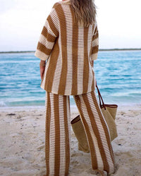 Crochet Knit Cardigan & Wide-Leg Trouser 2-Piece Set