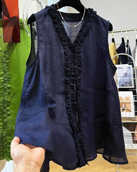 Ruffle Trim V-Neck Woven Blouse