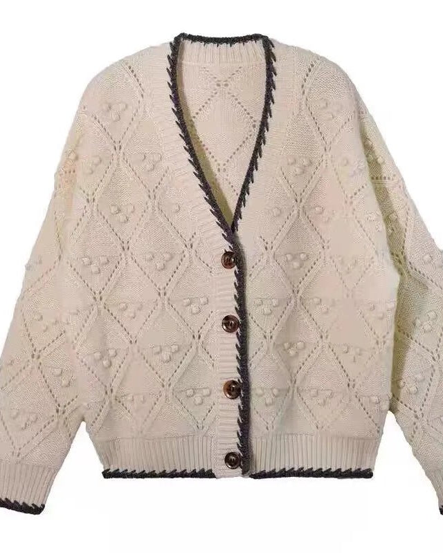 Color Block Crocheted 100% Cashmere Knit Cardigan