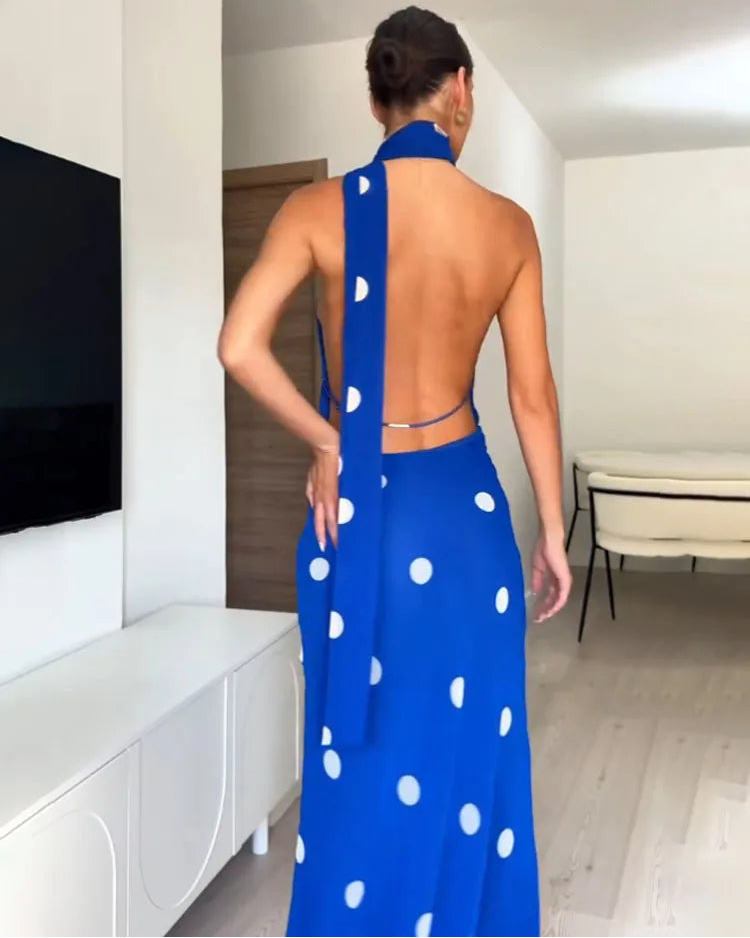Polka Dot Swinging Collar Backless Maxi Dress