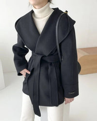 Hooded Wool Blend Wrap Coat