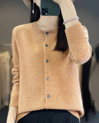 Wool O-Neck Seamless Single-Breasted Open Cardigan Sweater