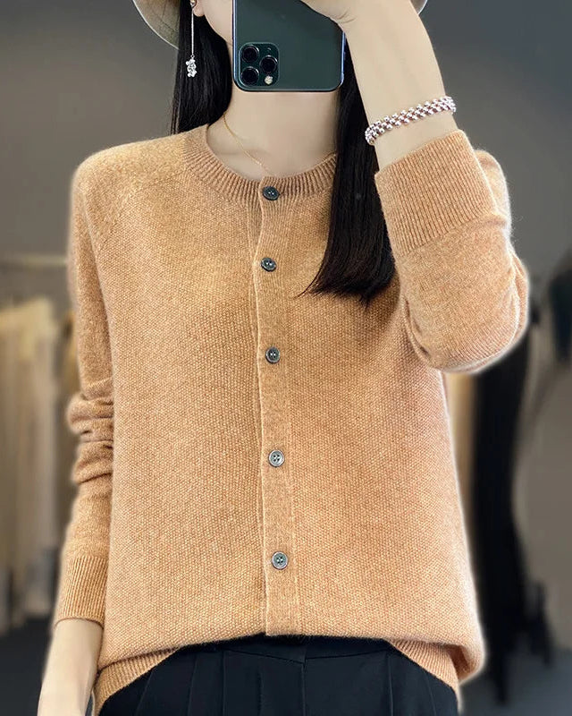 Wool O-Neck Seamless Single-Breasted Open Cardigan Sweater