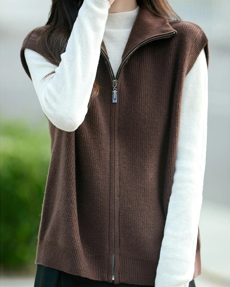 High-Neck Merino Wool Zip Vest