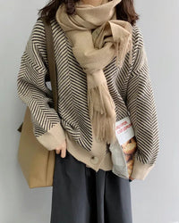 Women's oversized V-neck striped cardigan featuring a polyester-acrylic blend fabric with medium stretch, loose fit, and full length sleeves for casual office wear.